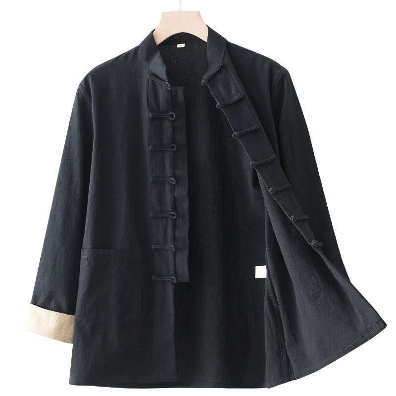 Buddha Stones無地 長袖 フロッグボタンデザイン コットン メンズシャツ - image 10