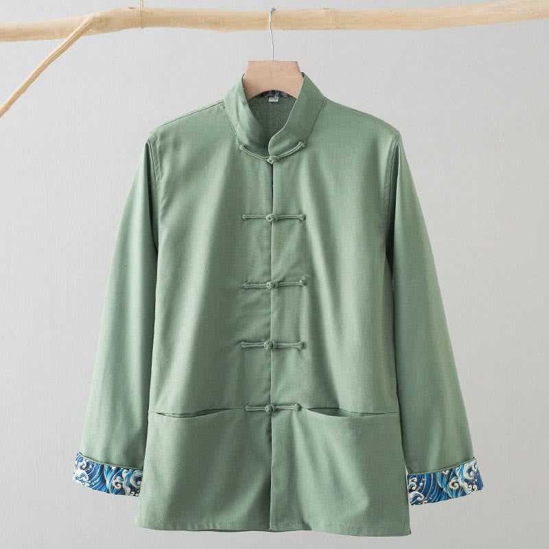 Buddha Stones無地 刺繍 波 長袖 フロッグボタン コットンリネン メンズシャツ - ライトグリーン - US/UK/AU44、 EU54 (4XL) - image 0