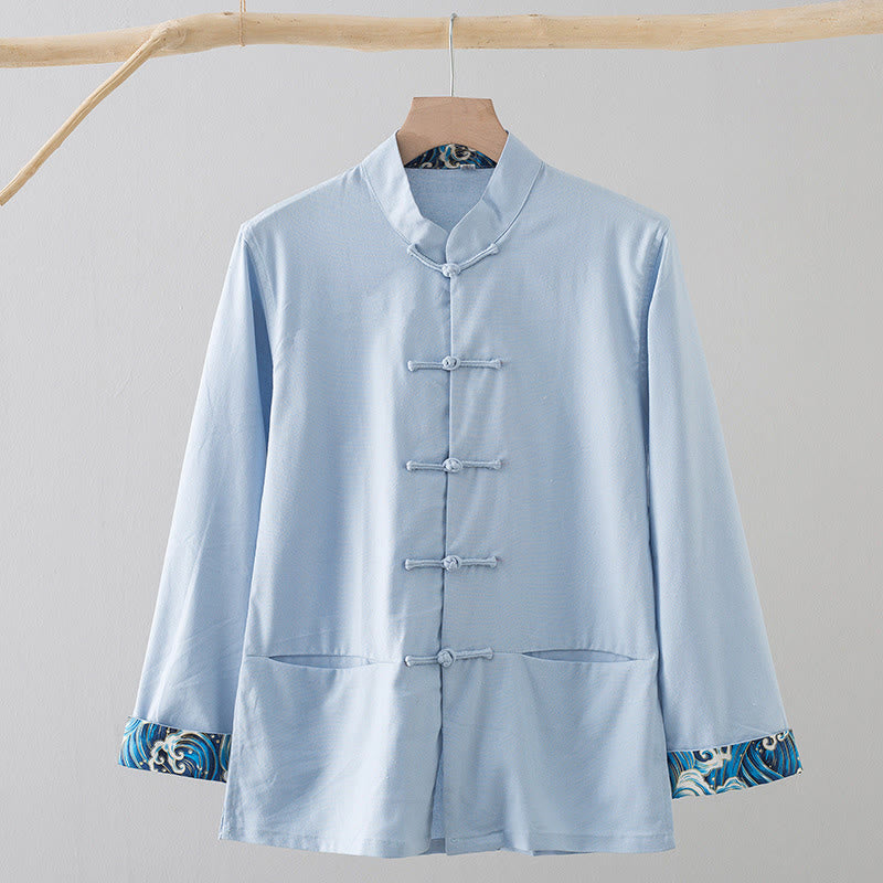 Buddha Stones無地 刺繍 波 長袖 フロッグボタン コットンリネン メンズシャツ - ライトブルー - US/UK/AU44、 EU54 (4XL) - image 15