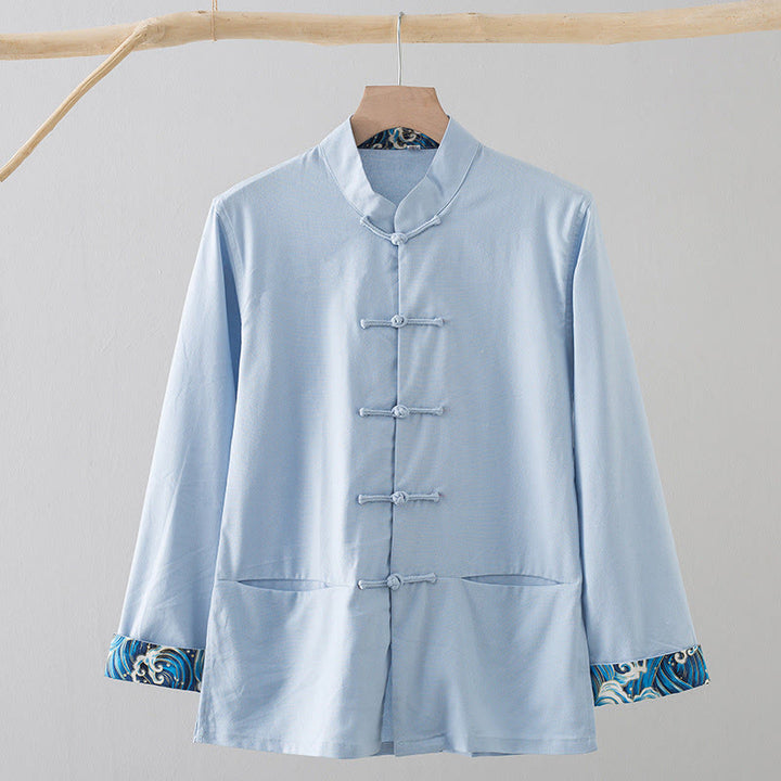 Buddha Stones無地 刺繍 波 長袖 フロッグボタン コットンリネン メンズシャツ - ライトブルー - US/UK/AU44、 EU54 (4XL) - image 15