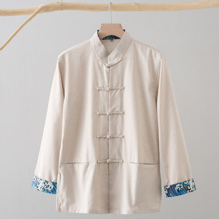 Buddha Stones無地 刺繍 波 長袖 フロッグボタン コットンリネン メンズシャツ - ベージュ - US/UK/AU44、 EU54 (4XL) - image 14