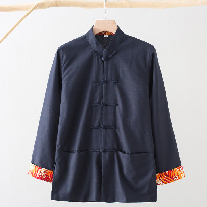 Buddha Stones無地 刺繍 波 長袖 フロッグボタン コットンリネン メンズシャツ - スティールブルー - US/UK/AU44、 EU54 (4XL) - image 12