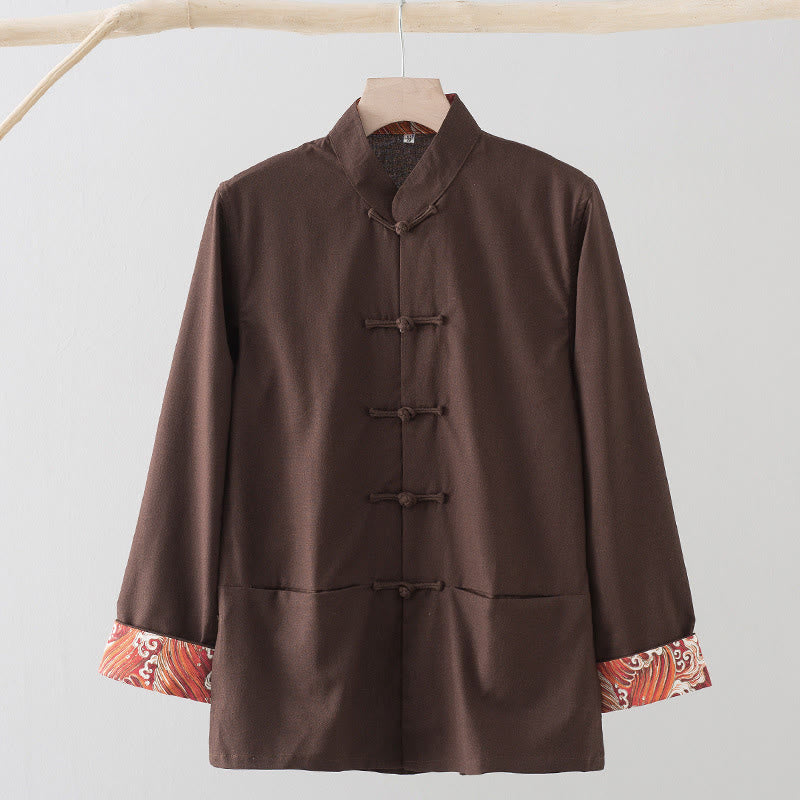 Buddha Stones無地 刺繍 波 長袖 フロッグボタン コットンリネン メンズシャツ - シエナ - US/UK/AU44、 EU54 (4XL) - image 11