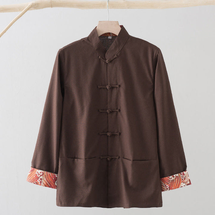 Buddha Stones無地 刺繍 波 長袖 フロッグボタン コットンリネン メンズシャツ - シエナ - US/UK/AU44、 EU54 (4XL) - image 11