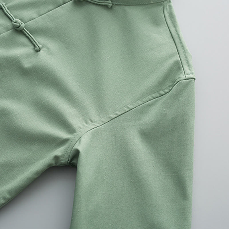 Buddha Stones無地 刺繍 波 長袖 フロッグボタン コットンリネン メンズシャツ - image 3