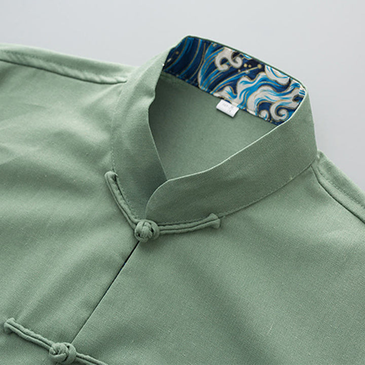 Buddha Stones無地 刺繍 波 長袖 フロッグボタン コットンリネン メンズシャツ - image 1