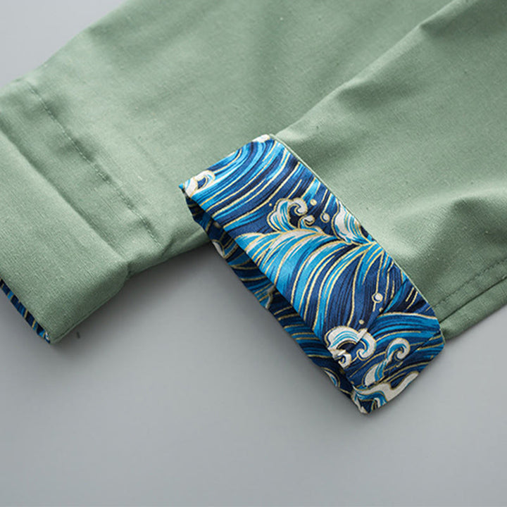 Buddha Stones無地 刺繍 波 長袖 フロッグボタン コットンリネン メンズシャツ - image 5