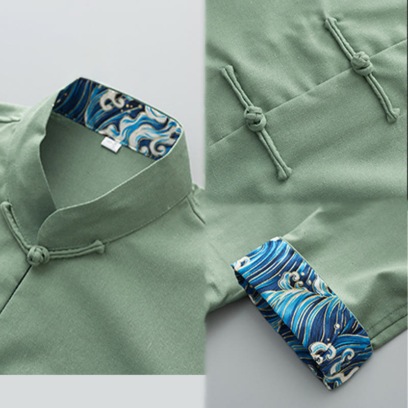 Buddha Stones無地 刺繍 波 長袖 フロッグボタン コットンリネン メンズシャツ - image 7