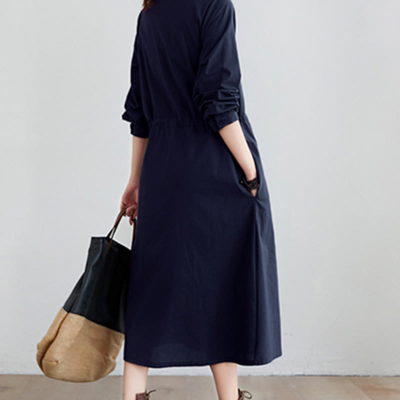 Buddha Stones秋冬 無地 レースアップデザイン ラペル 長袖 コットン ミディドレス ポケット付き - image 4