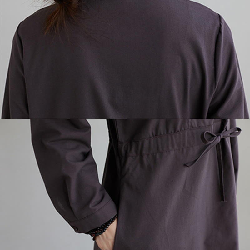 Buddha Stones秋冬 無地 レースアップデザイン ラペル 長袖 コットン ミディドレス ポケット付き - image 16