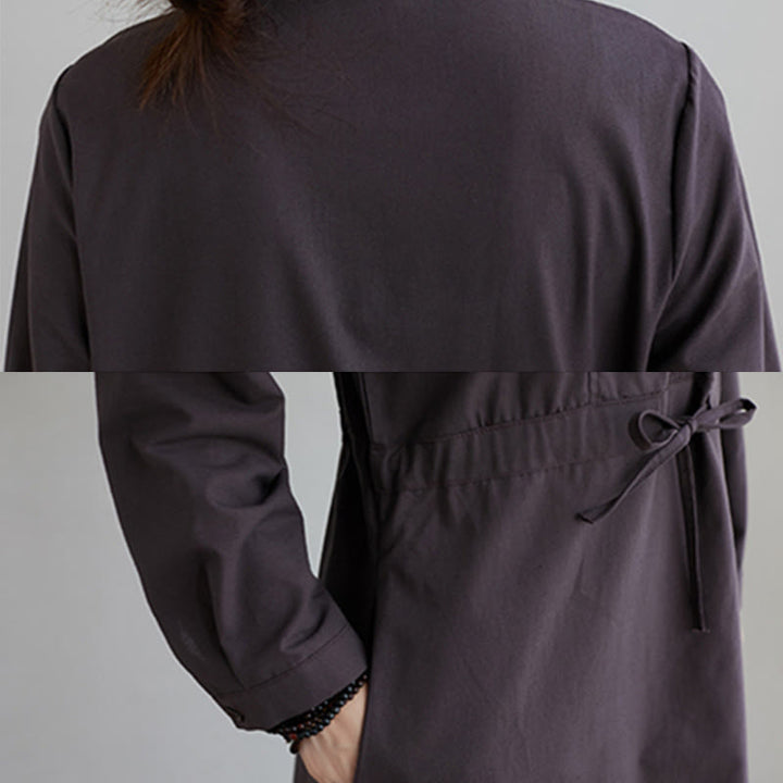 Buddha Stones秋冬 無地 レースアップデザイン ラペル 長袖 コットン ミディドレス ポケット付き - image 16