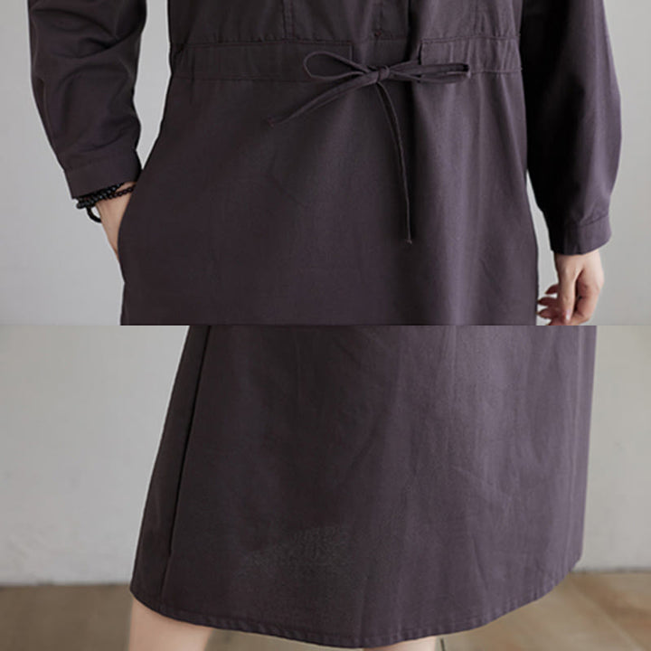 Buddha Stones秋冬 無地 レースアップデザイン ラペル 長袖 コットン ミディドレス ポケット付き - image 17