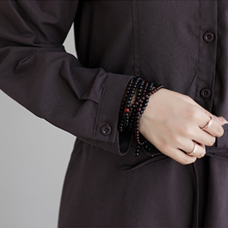 Buddha Stones秋冬 無地 レースアップデザイン ラペル 長袖 コットン ミディドレス ポケット付き - image 15