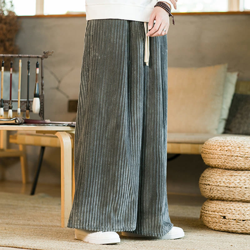 Buddha Stones通勤用プレーンドローストリングメンズワイドレッグコットンコーデュロイパンツ(ポケット付き) - image 23