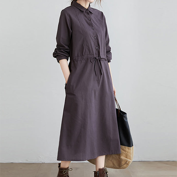 Buddha Stones秋冬 無地 レースアップデザイン ラペル 長袖 コットン ミディドレス ポケット付き - image 12