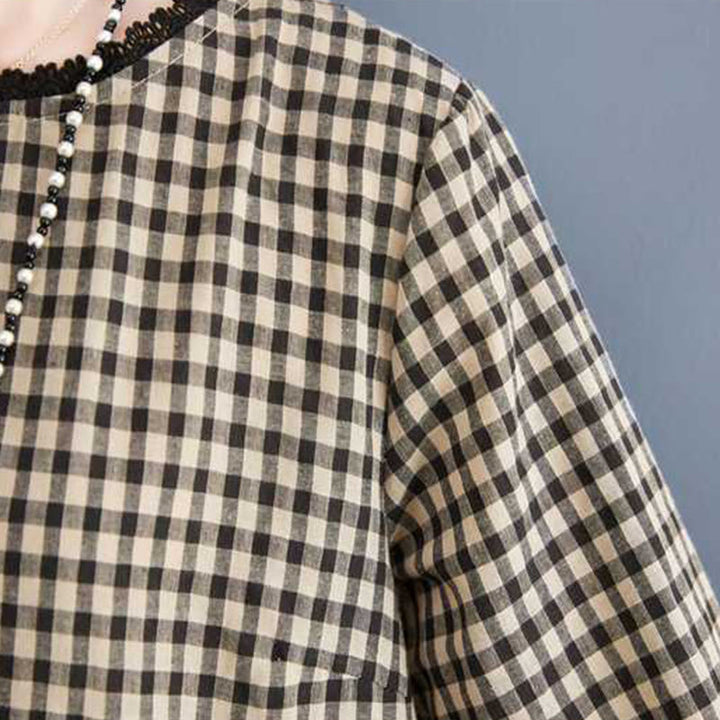 Buddha Stonesの秋のチェック柄フリルクルーネックデザインコットンロングスリーブミディドレス(ポケット付き) - image 14