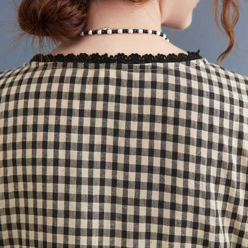 Buddha Stonesの秋のチェック柄フリルクルーネックデザインコットンロングスリーブミディドレス(ポケット付き) - image 13