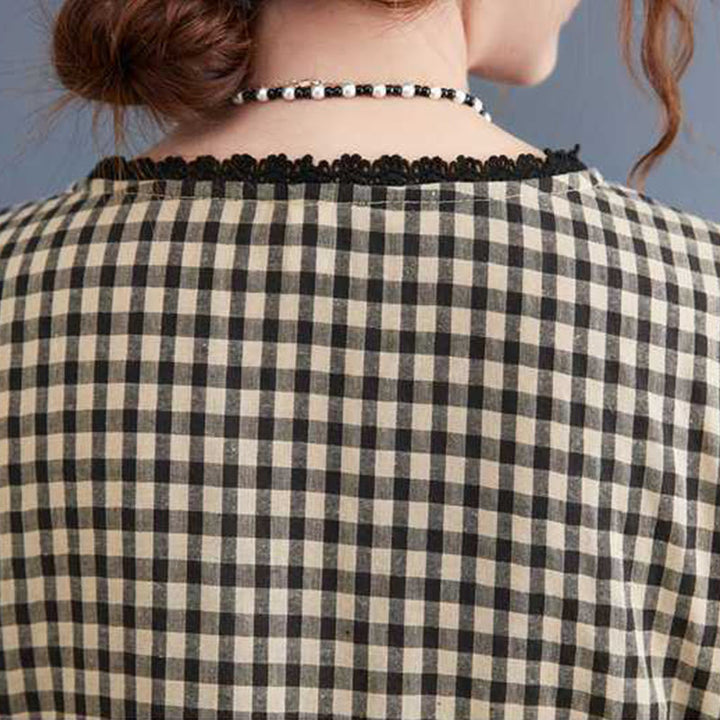 Buddha Stonesの秋のチェック柄フリルクルーネックデザインコットンロングスリーブミディドレス(ポケット付き) - image 13