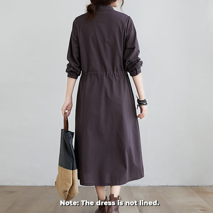 Buddha Stones秋冬 無地 レースアップデザイン ラペル 長袖 コットン ミディドレス ポケット付き - image 6