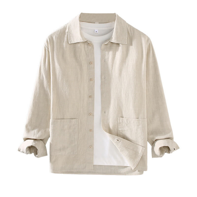 Buddha Stones無地 長袖 ボタンシャツ メンズ ラミー コットン ポケット付き - image 6