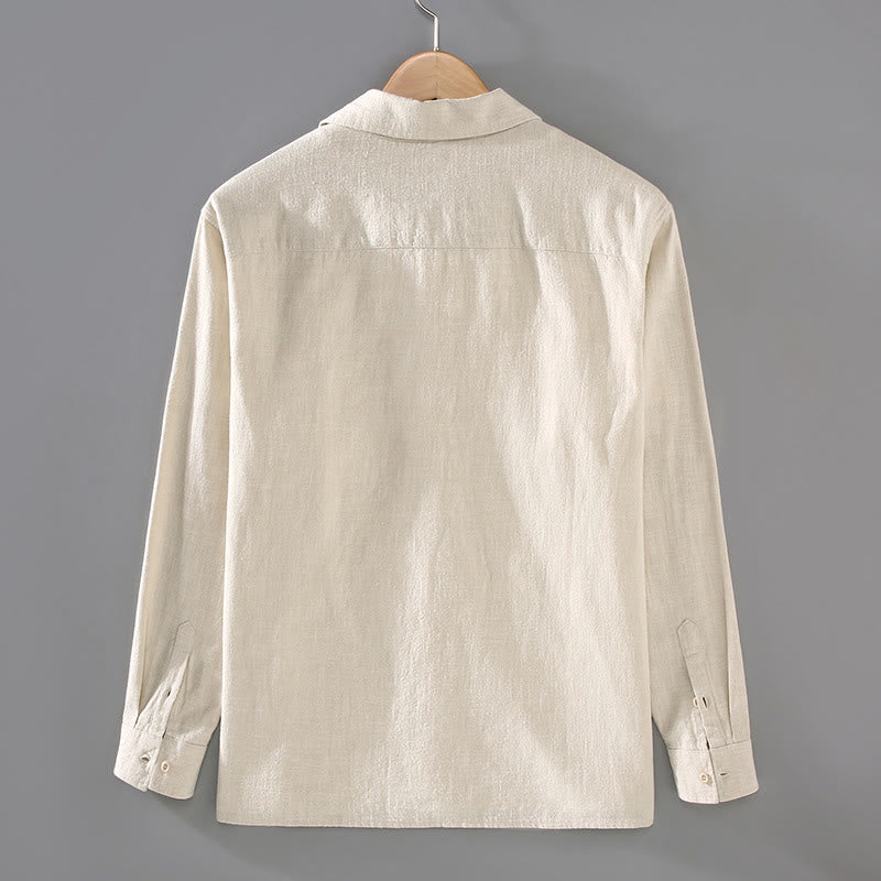 Buddha Stones無地 長袖 ボタンシャツ メンズ ラミー コットン ポケット付き - image 1