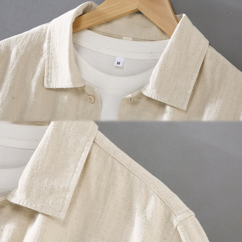 Buddha Stones無地 長袖 ボタンシャツ メンズ ラミー コットン ポケット付き - image 3