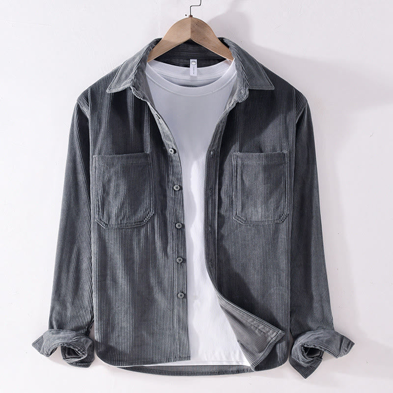 Buddha Stones春無地シンプルボタンデザインコーデュロイメンズ長袖ジャケットポケット付き - ディムグレー - US/UK/AU42、 EU52 (3XL) - image 0