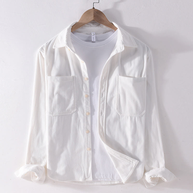 Buddha Stones春無地シンプルボタンデザインコーデュロイメンズ長袖ジャケットポケット付き - 白 - US/UK/AU42、 EU52 (3XL) - image 3