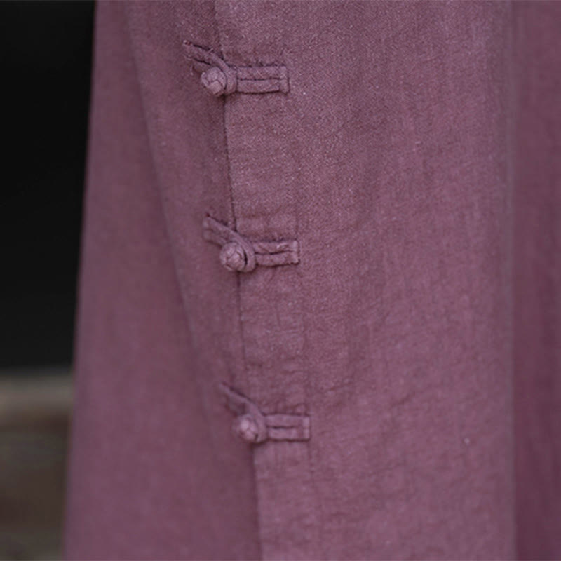 Buddha Stonesの秋の無地中国風フロッグボタンデザインコットンリネン長袖ミディドレス(ポケット付き) - image 15