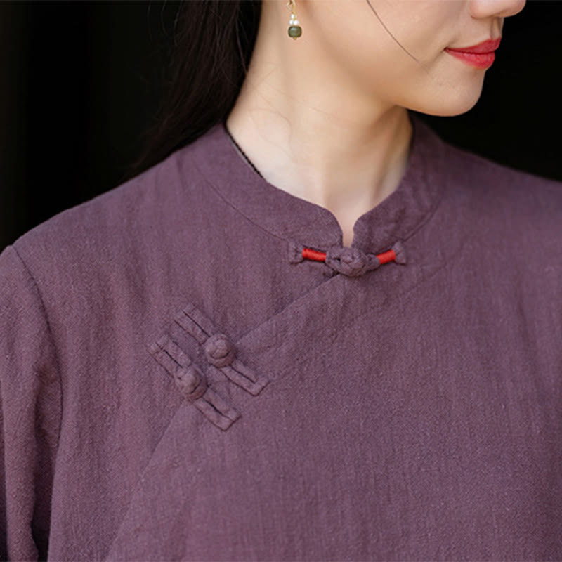 Buddha Stonesの秋の無地中国風フロッグボタンデザインコットンリネン長袖ミディドレス(ポケット付き) - image 14