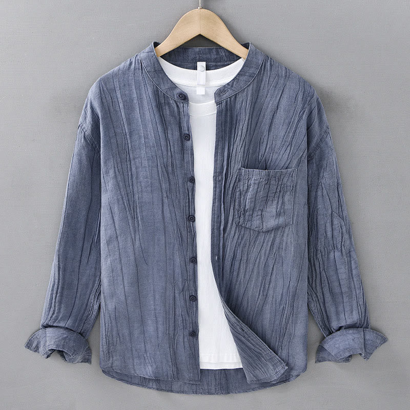 Buddha Stones無地 長袖 シワ デザイン ボタンダウン ラミー リネン メンズ シャツ - ライトスチールブルー - US/UK/AU42、 EU52 (3XL) - image 13