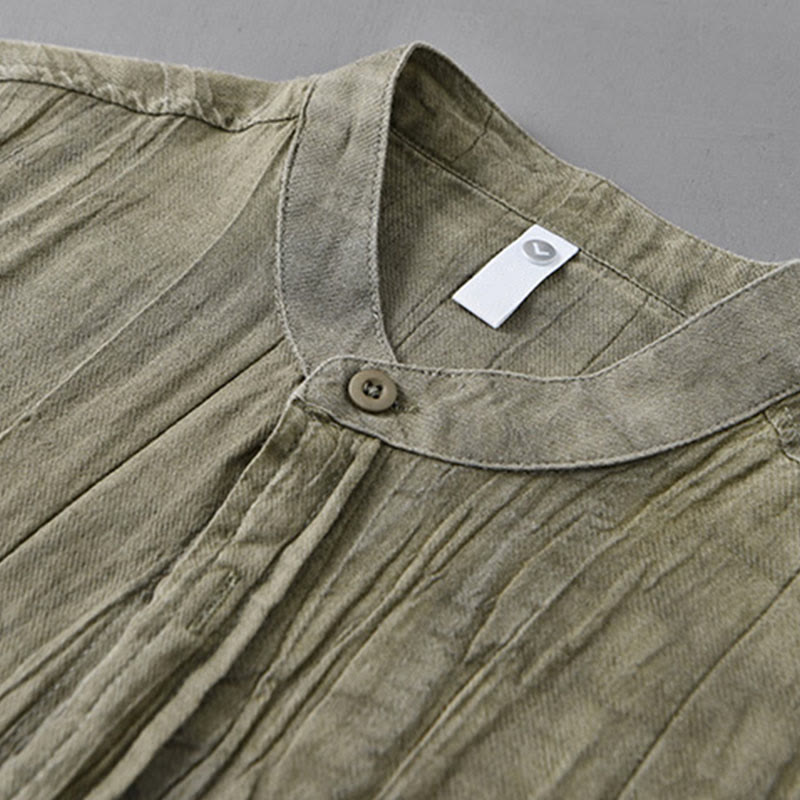 Buddha Stones無地 長袖 シワ デザイン ボタンダウン ラミー リネン メンズ シャツ - image 6