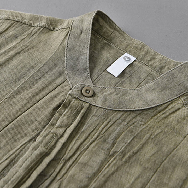 Buddha Stones無地 長袖 シワ デザイン ボタンダウン ラミー リネン メンズ シャツ - image 6