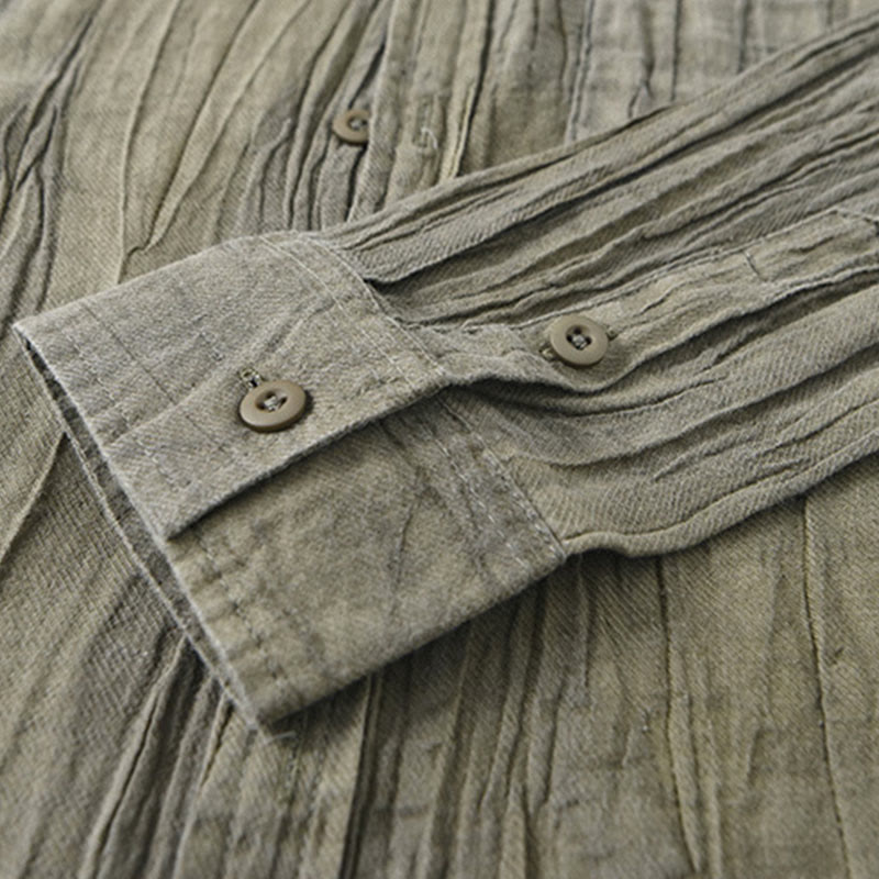 Buddha Stones無地 長袖 シワ デザイン ボタンダウン ラミー リネン メンズ シャツ - image 8