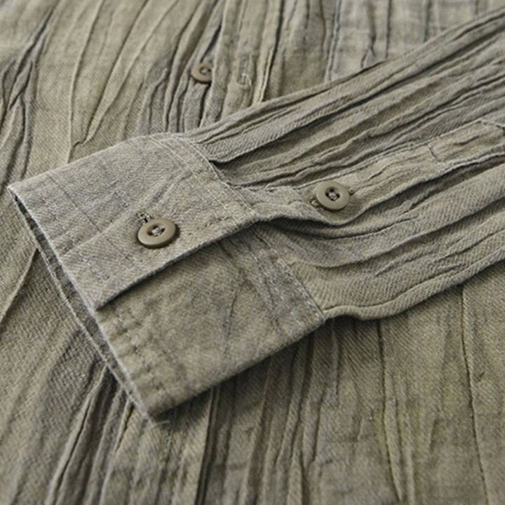 Buddha Stones無地 長袖 シワ デザイン ボタンダウン ラミー リネン メンズ シャツ - image 8