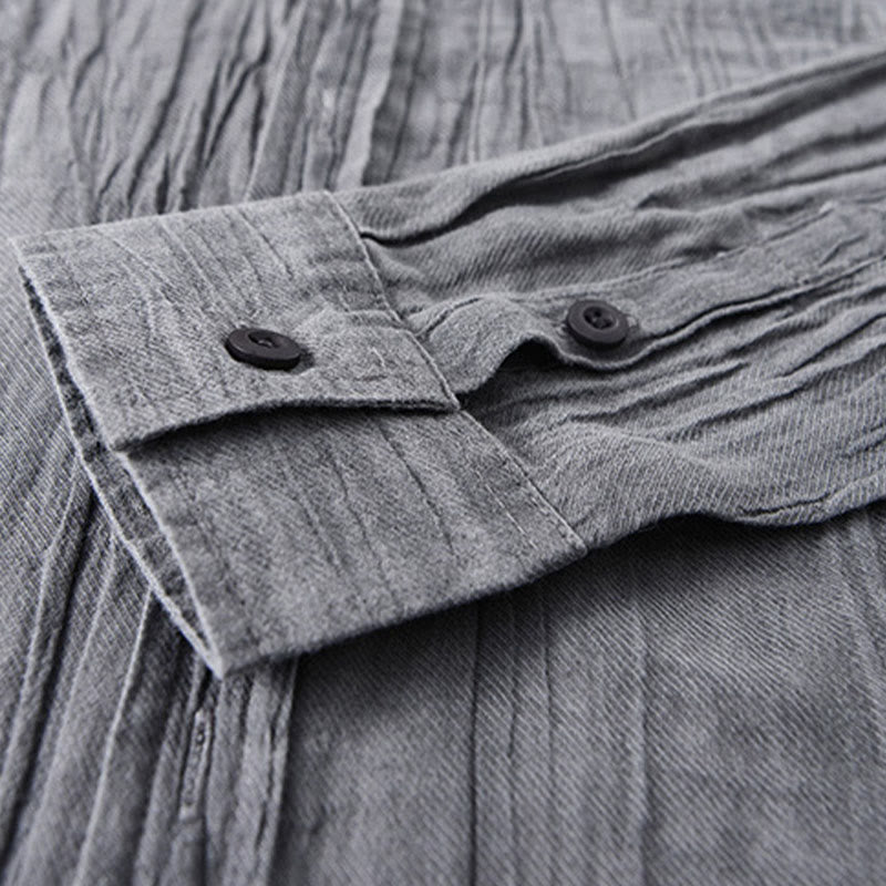 Buddha Stones無地 長袖 シワ デザイン ボタンダウン ラミー リネン メンズ シャツ - image 3