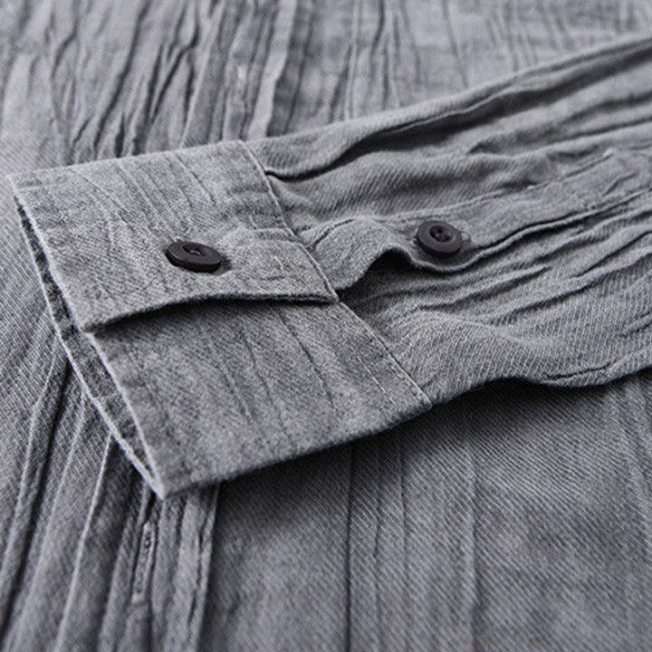 Buddha Stones無地 長袖 シワ デザイン ボタンダウン ラミー リネン メンズ シャツ - image 3