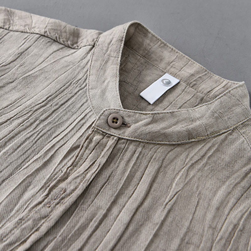 Buddha Stones無地 長袖 シワ デザイン ボタンダウン ラミー リネン メンズ シャツ - image 10