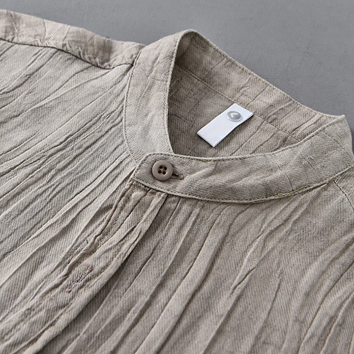 Buddha Stones無地 長袖 シワ デザイン ボタンダウン ラミー リネン メンズ シャツ - image 10