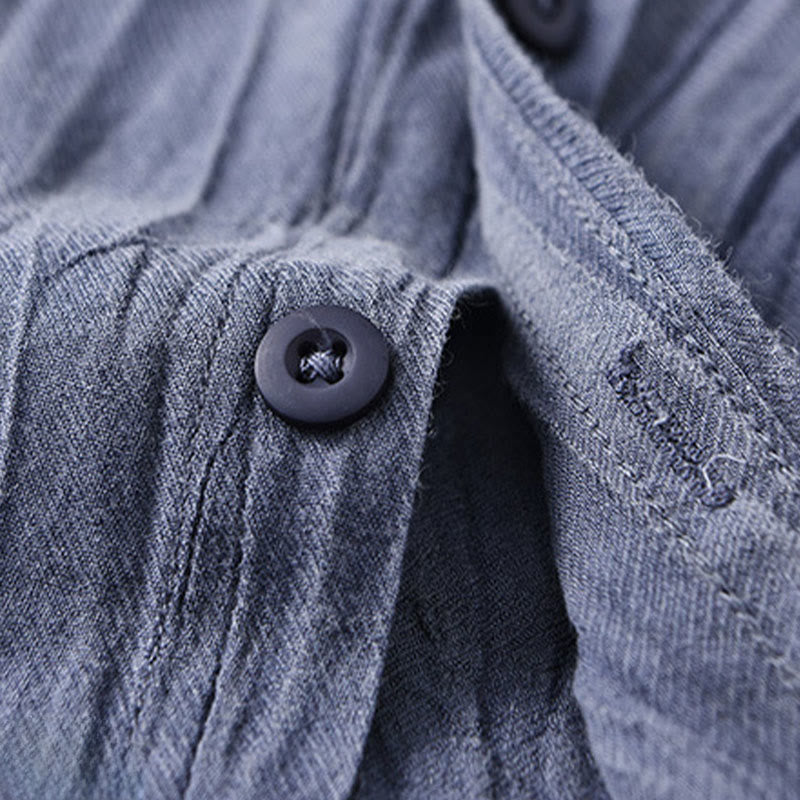 Buddha Stones無地 長袖 シワ デザイン ボタンダウン ラミー リネン メンズ シャツ - image 17