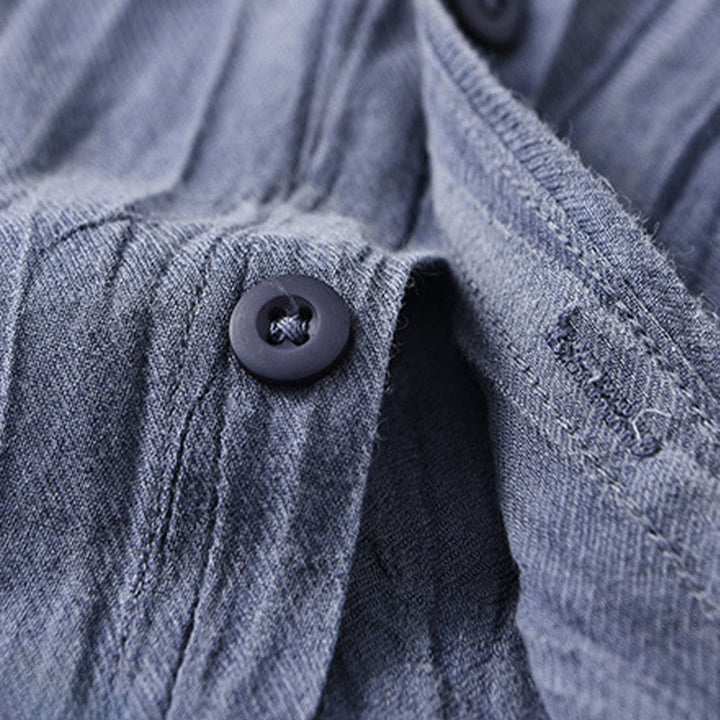 Buddha Stones無地 長袖 シワ デザイン ボタンダウン ラミー リネン メンズ シャツ - image 17