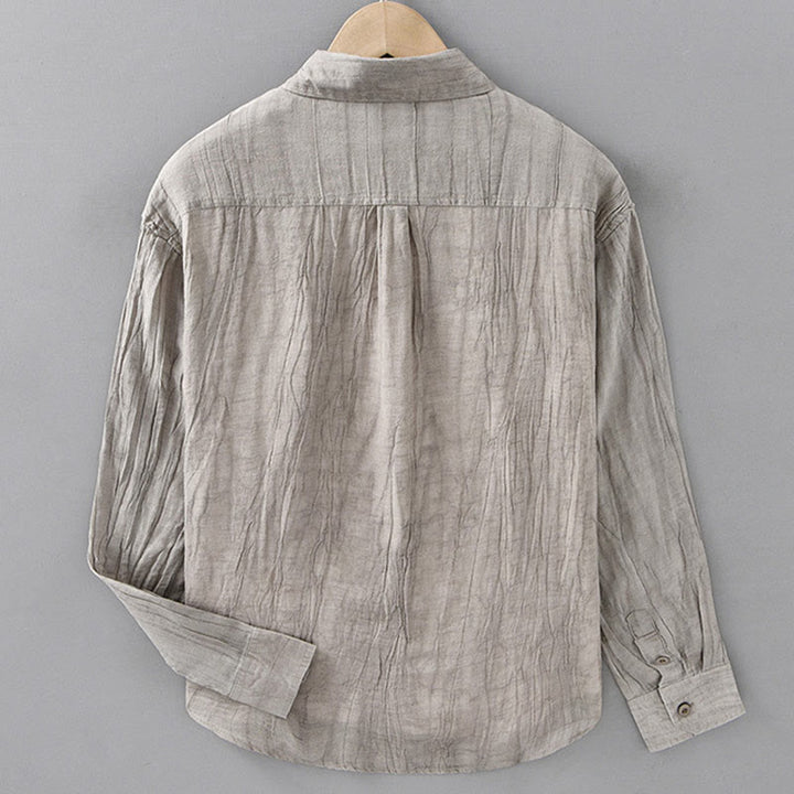 Buddha Stones無地 長袖 スタンドカラー シワ加工 ボタンダウン ラミーリネン メンズシャツ - image 13