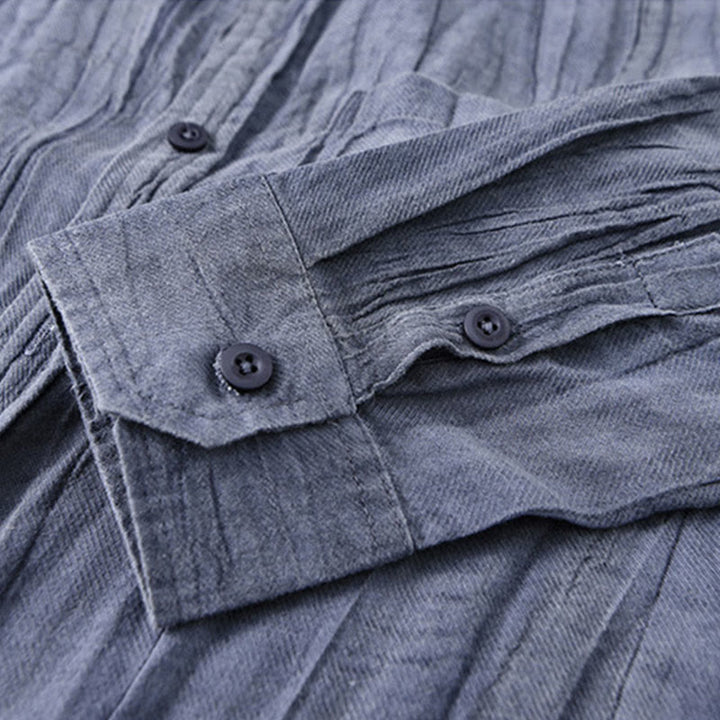 Buddha Stones無地 長袖 スタンドカラー シワ加工 ボタンダウン ラミーリネン メンズシャツ - image 3