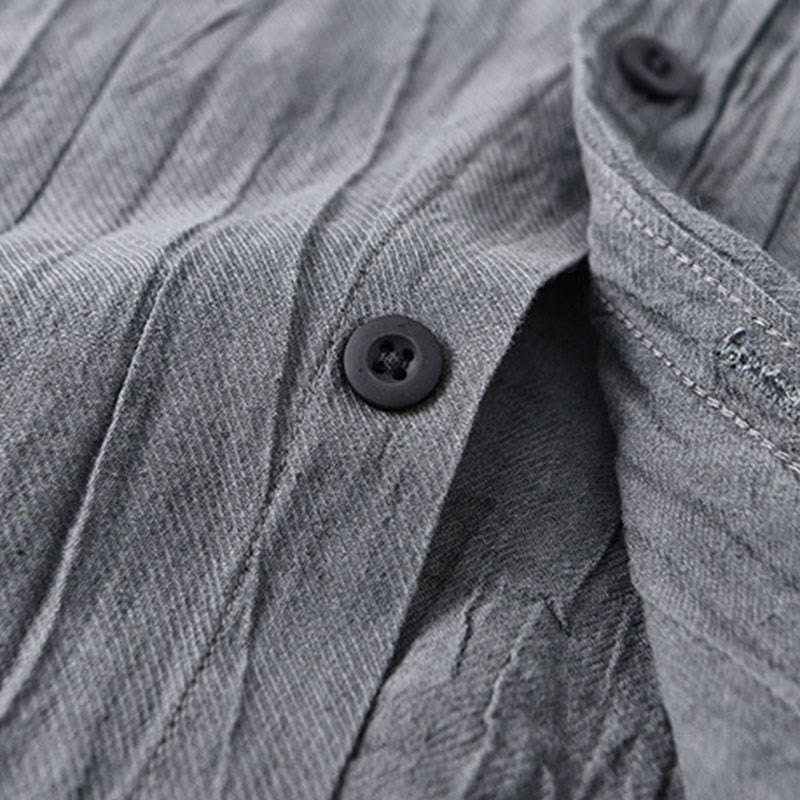 Buddha Stones無地 長袖 スタンドカラー シワ加工 ボタンダウン ラミーリネン メンズシャツ - image 6