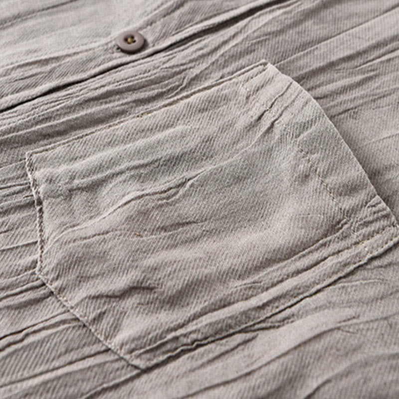 Buddha Stones無地 長袖 スタンドカラー シワ加工 ボタンダウン ラミーリネン メンズシャツ - image 16