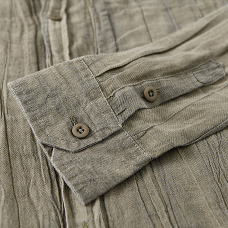 Buddha Stones無地 長袖 スタンドカラー シワ加工 ボタンダウン ラミーリネン メンズシャツ - image 10