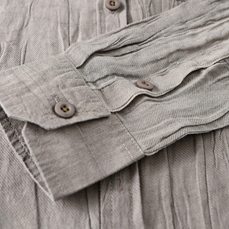 Buddha Stones無地 長袖 スタンドカラー シワ加工 ボタンダウン ラミーリネン メンズシャツ - image 17