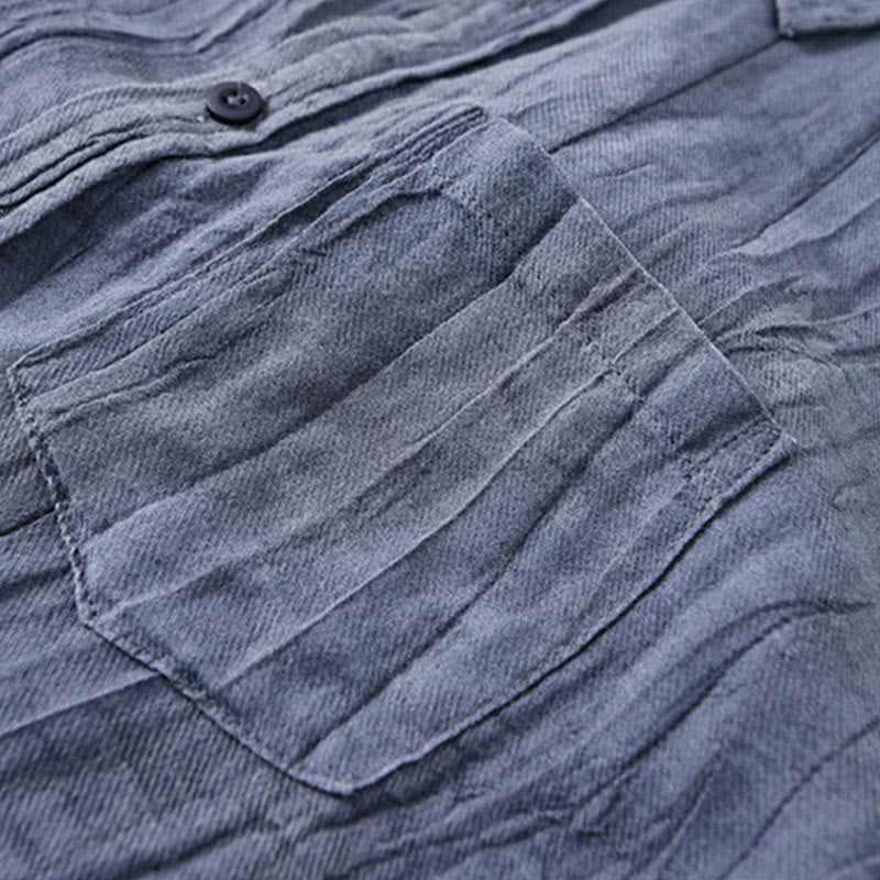 Buddha Stones無地 長袖 スタンドカラー シワ加工 ボタンダウン ラミーリネン メンズシャツ - image 2