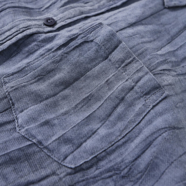 Buddha Stones無地 長袖 スタンドカラー シワ加工 ボタンダウン ラミーリネン メンズシャツ - image 2