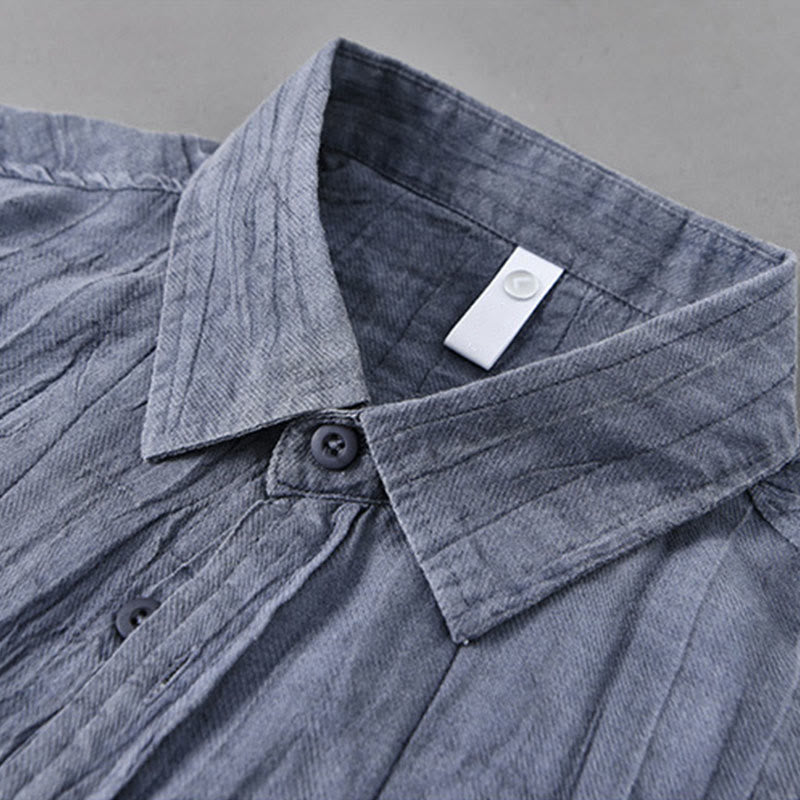 Buddha Stones無地 長袖 スタンドカラー シワ加工 ボタンダウン ラミーリネン メンズシャツ - image 1